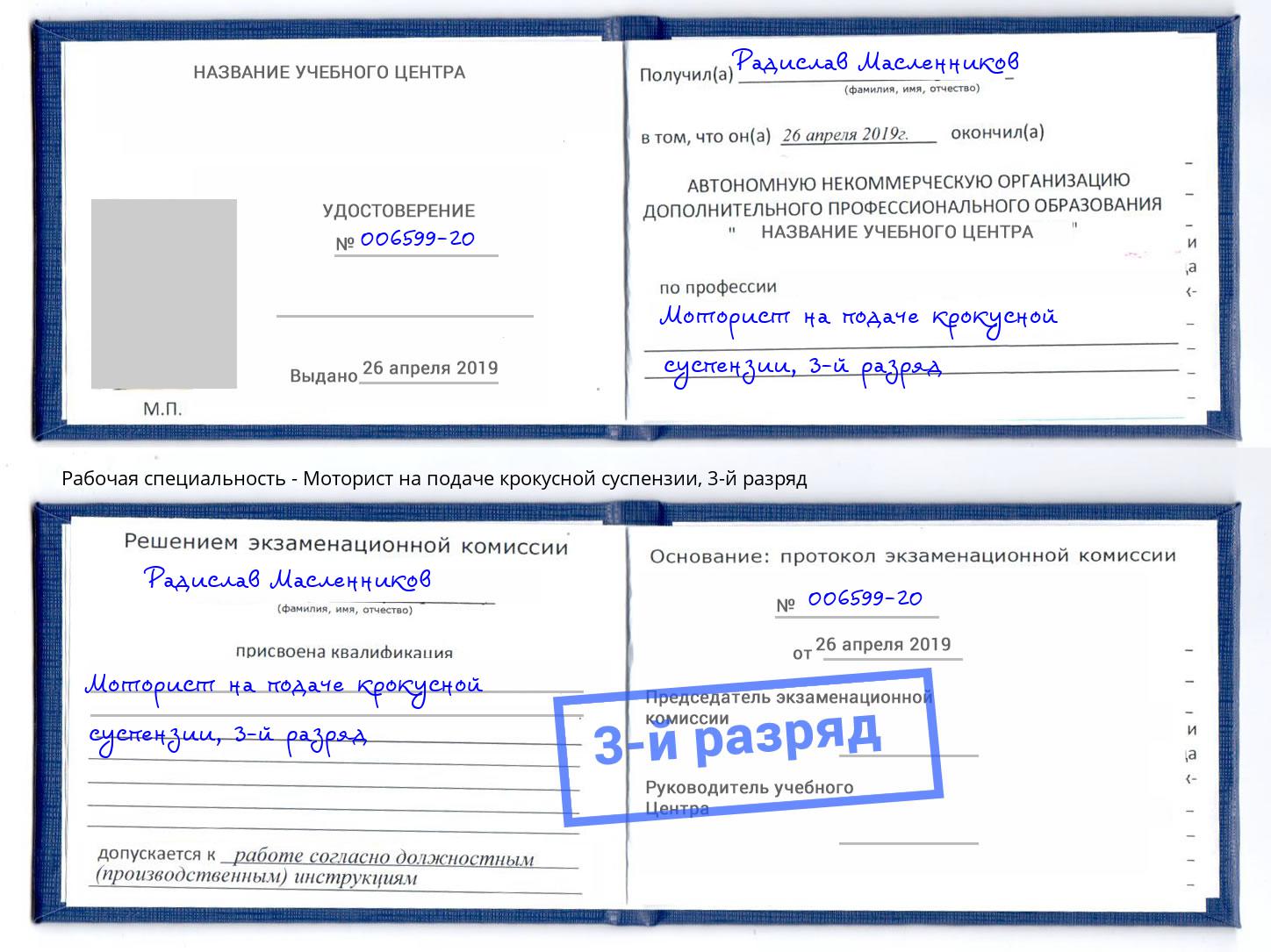 корочка 3-й разряд Моторист на подаче крокусной суспензии Калининград