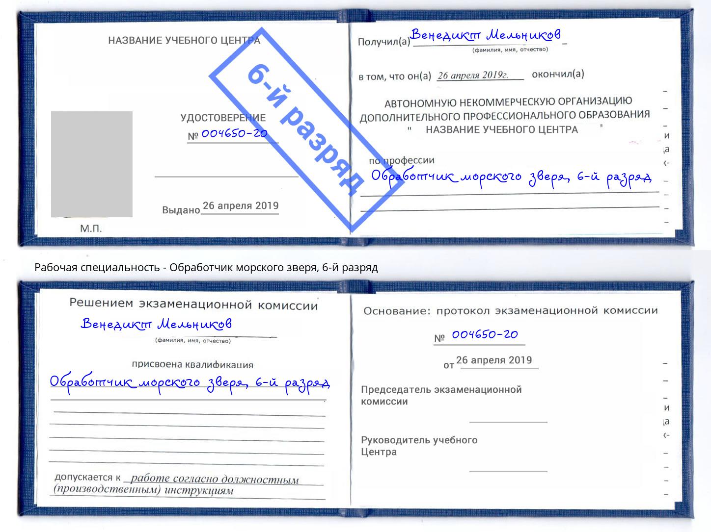 корочка 6-й разряд Обработчик морского зверя Калининград