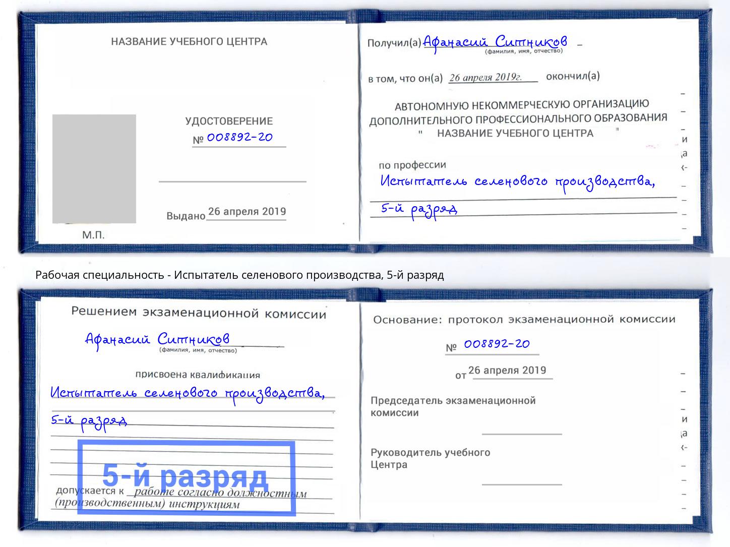 корочка 5-й разряд Испытатель селенового производства Калининград