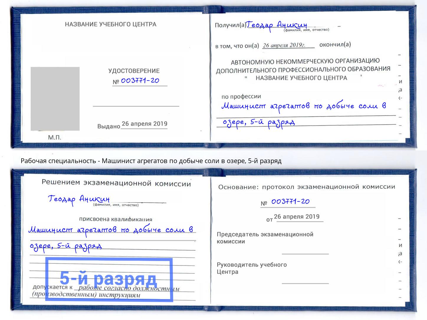 корочка 5-й разряд Машинист агрегатов по добыче соли в озере Калининград