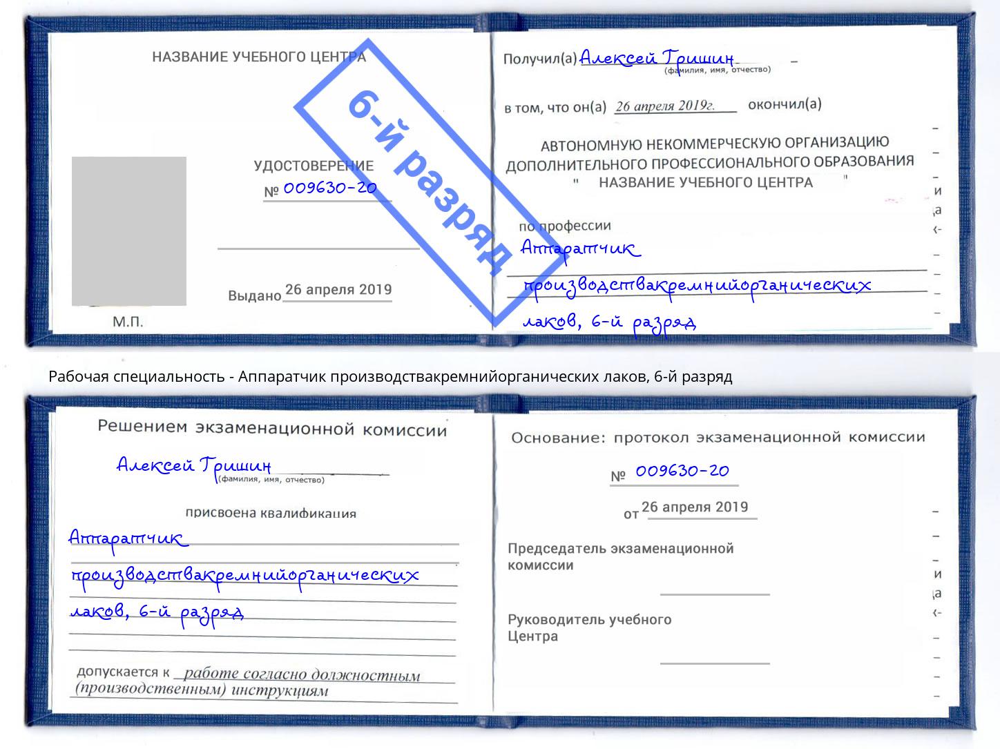 корочка 6-й разряд Аппаратчик производствакремнийорганических лаков Калининград